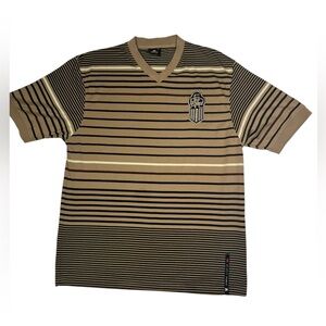 Red Ape Striped V-Neck Short Sleeve Shirt Tan/Black Size‎ XL